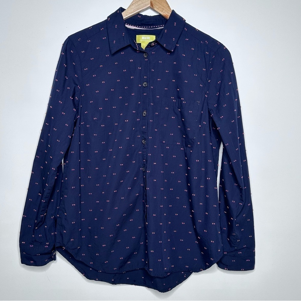 Maeve Anthropologie Navy Dot Button Up Shirt Size 8